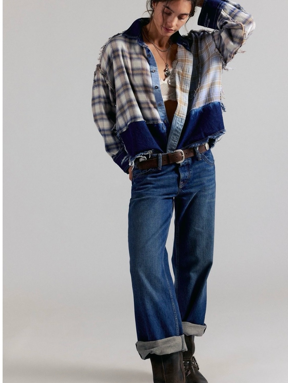 Free People The Tales Mixed Denim Plaid Denim Button Down NWT XS - Picture 3 of 4